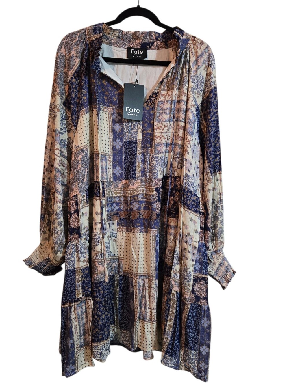 Fate Plus Lined Blue Cream Bandana Patchwork Dress Boho Flowy New 2X XXL